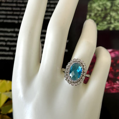 Ladies Light Blue & Clear CZ Halo Bezel Set White Gold Plated Ring Size 8