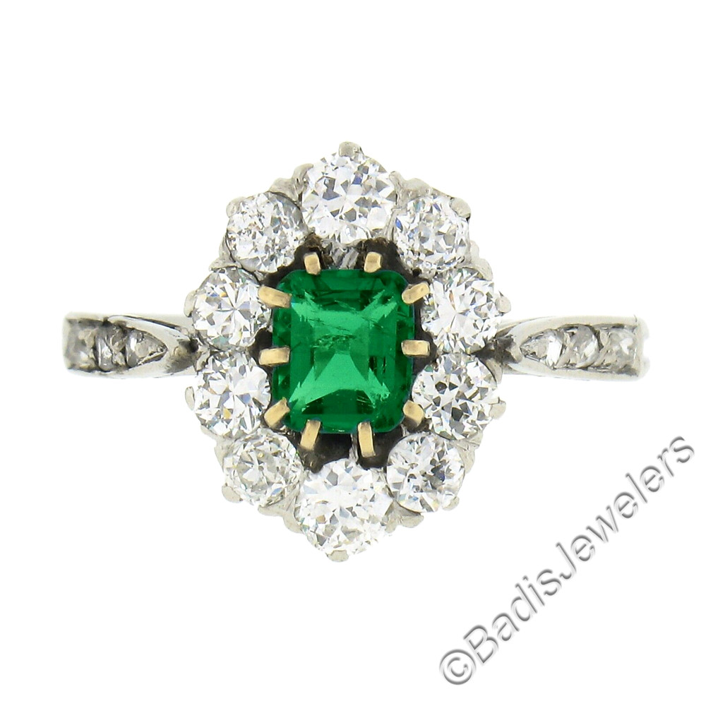 Antique Edwardian French Platinum Emerald & 0.66ct Old Cut Diamond Halo Ring