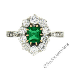 Antique Edwardian French Platinum Emerald & 0.66ct Old Cut Diamond Halo Ring