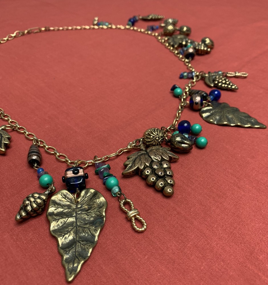 Vintage ROXSANN Statement Necklace Grapes Leaf Beads 30″