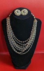 Vintage NECKLACE Clip EARRINGS Jewelry SET Multi Strand Faux Pearl