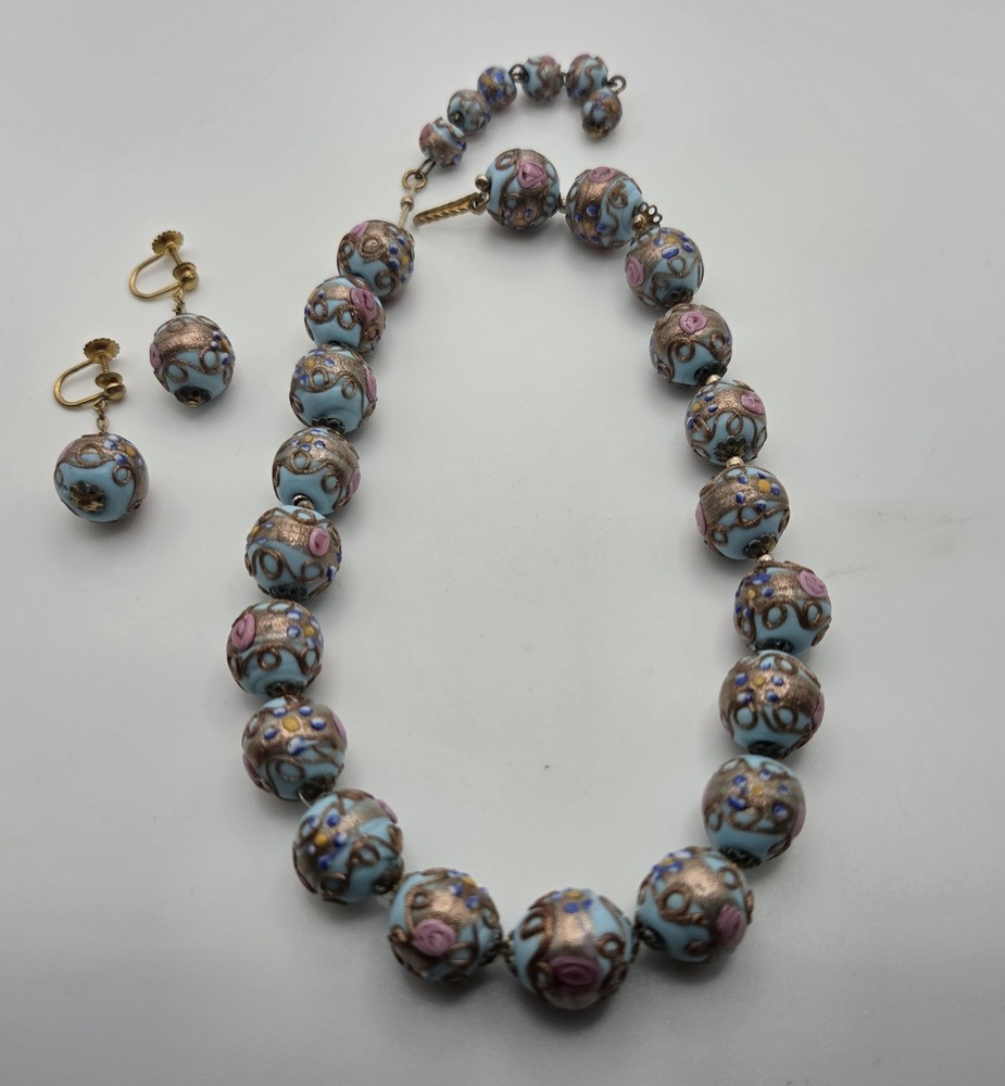 3 pc Set Necklace Earrings Vtg Italy Wedding Cake Beads Glass Blue Gold Pink