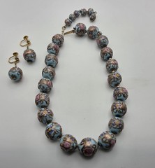 3 pc Set Necklace Earrings Vtg Italy Wedding Cake Beads Glass Blue Gold Pink