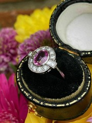 Art Deco Style Oval Ruby Lab Created Diamond 14K White Gold FN Engagement Ring