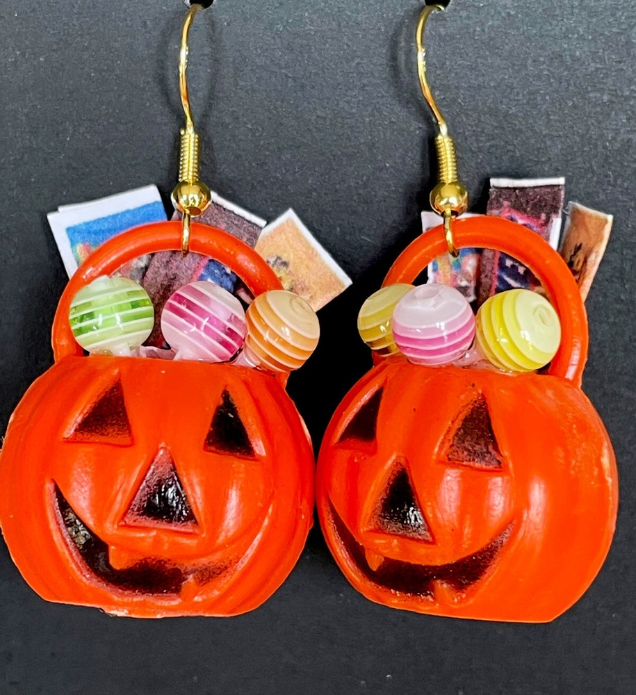Halloween Trick or Treat Pumpkin Pail Dangling Pierced Earrings Each Pail Varies
