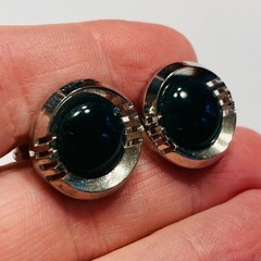Vintage Mid Century Cufflinks mod silver & dark GREEN stones classic rounds