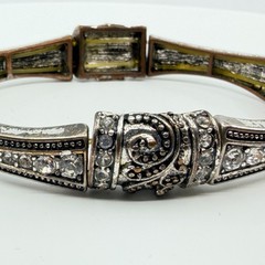 VTG Antique Silver Tone Clear Rhinestone Swirl Art Deco Stretch Bangle Bracelet