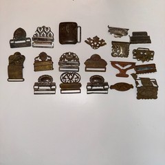 19pc Antique Victorian Gents Suspender Buckle Lot Brass Nickel Filigree 1892 Pat