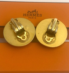 HERMES Paris Clip Earrings Black Leather Gold Tone Statement Signed Designer VTG