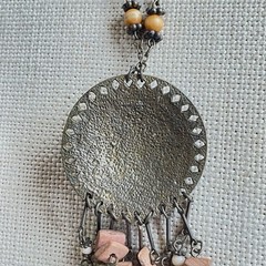 VTG VCLM Signed Boho Statement Medallion Necklace Peach Wood Bead Fringe Fringe