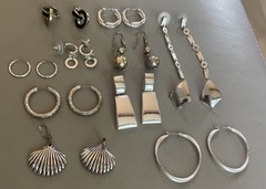 Vintage Silver Tone Earrings Lot Of 11 Pairs Hoops Dangling Post