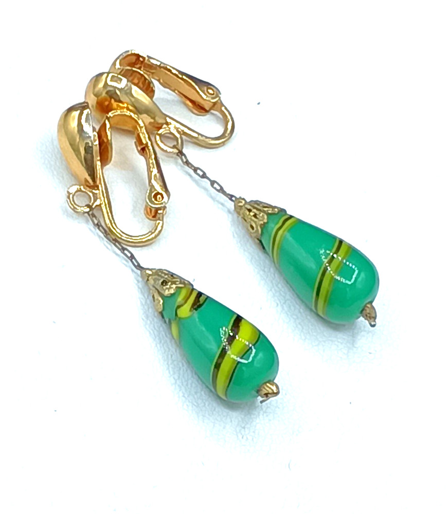 Vintage Venetian Glass Clip Earrings Dangle Hook Green Yellow Striped Cone 1.75″
