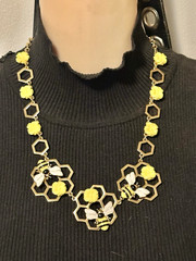 Gold Tone Enamel Bumble Bee & Honey Comb Yellow Flower Necklace, Signed Talbots