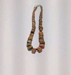 Vintage Multicolor Wood Bead Handmade Necklace. Silver Tone End Caps. 21″ BOHO