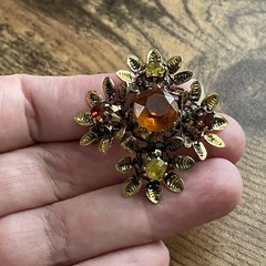 Vintage Austrian Rhinestone Brooch Autumn Orange Yellow Gold Tone Floral Pin