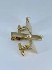 vintage Swank Pearl cufflinks and tie clip bar set square polished gold tone