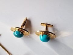 Vintage Matching Set Cufflinks, Tie Bar & Tack Gold Tone W Faux Turquoise Stones