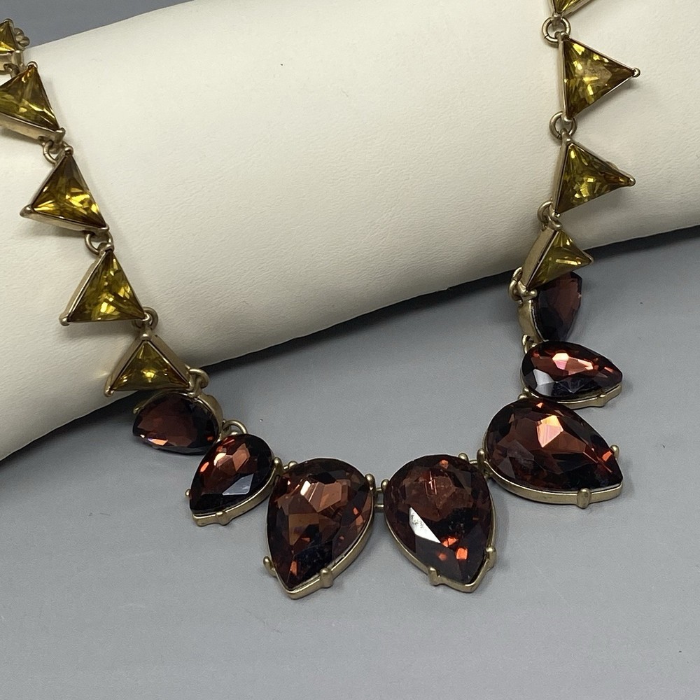 Designer Geometric Bib Necklace Brown Yellow Glass Rhinestone Gold Tone 19″
