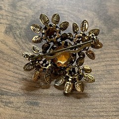 Vintage Austrian Rhinestone Brooch Autumn Orange Yellow Gold Tone Floral Pin