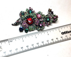 Vintage 3.5 Rhinestone Floral Pin Blackened Silver Tone signed