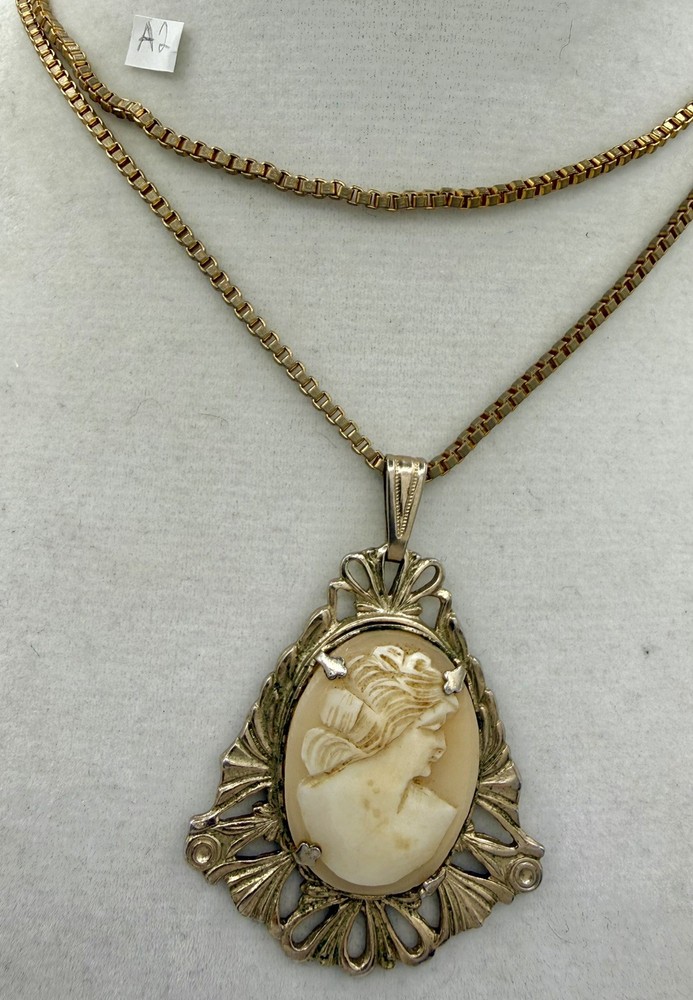 Vintage Cameo Lady Portrait Pendant Necklace Silver Tone Filigree Victorian