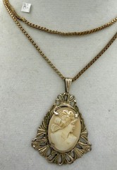 Vintage Cameo Lady Portrait Pendant Necklace Silver Tone Filigree Victorian