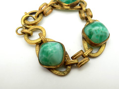 Antique Peking Glass High Cabochon Brass Chain Link Bracelet AS IT