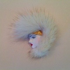 Vintage 1980’s Art Deco Style Lady Profile Brooch Fur Mohawk White Face Eyeliner