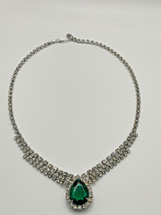 Vintage Emerald Green Glass & Clear Rhinestone Statement Necklace Silver Tone