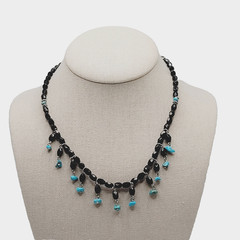 Southwestern Style Black Glass Faux Turquoise Beaded Fringe Vintage Necklace