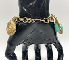 VTG Etruscan Style Faux Pearl Turquoise Gold-tone chunky charm fob bracelet 7″