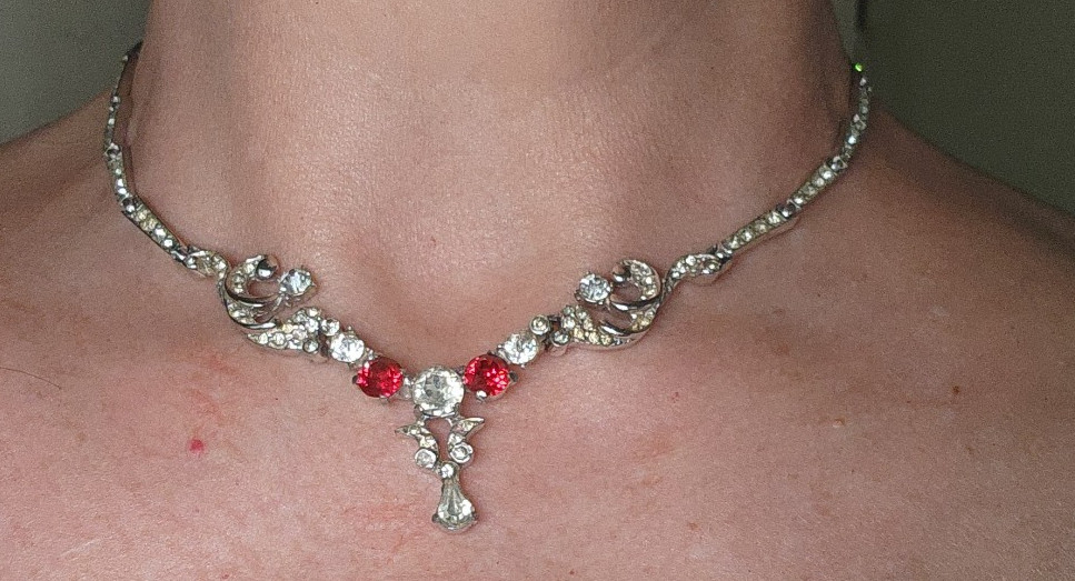 SET OF 2: Vintage Red & Clear Rhinestone Necklace w/NEW Marquis Red Earrings