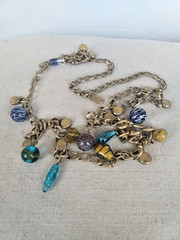 VTG Darcy Lee Gold Tone Multi Color Glass Charm Beaded Chain Necklace