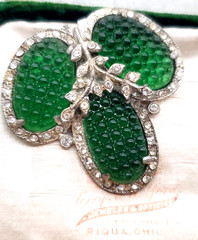 Vintage Antique Art Deco Green Waffle Glass Pot Metal Rhinestone Brooch HTF