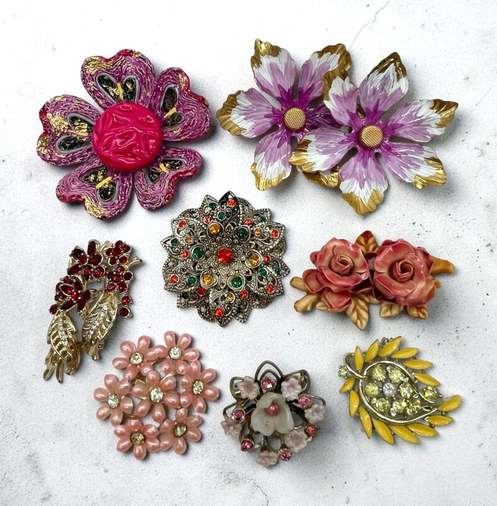 VTG Flower Brooches lot 8 Art Lisner BSK W Germany celluloid enamel rhinestone