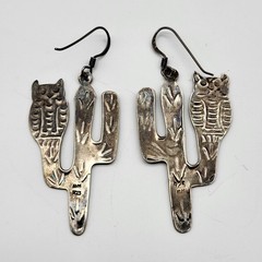 Beautiful Sterling Silver Earrings Southwest Artisan Signed Owl Cactus