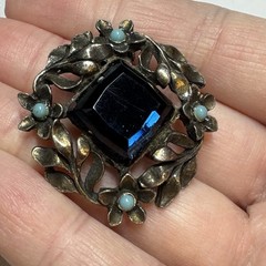Vintage 1930s Clip Brooch Navy Blue Glass Stone Turquoise Cabochan Floral Wreath