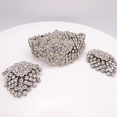 Vintage Rhinestone Waterfall Wide Bracelet Earring Set Silver Tone Glamorous
