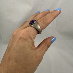Vintage Sterling Silver 925 Cabochon Amethyst Ring Carved Inscribed Stone 8.5