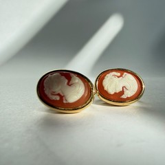 Vintage CROWN TRIFARI 1960s Gold Toned Orange and Ivory Cameo Clip On Earrings