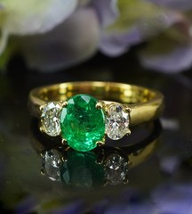 Hammerman Brothers Vintage Emerald Oval Diamond 3 Stone Ring 18K Gold