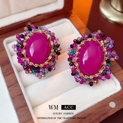 Vintage Oval Magenta Stud Earrings Sterling Silver Post Retro Luxury Ear Jewelry