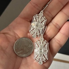 Art Deco Revival Rhinestone Earrings Dangle Leverback Silver Tone Crystal