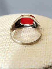 Vintage Red Square Glass Ring Dome Thin Silver Metal Band 7.5 Etched