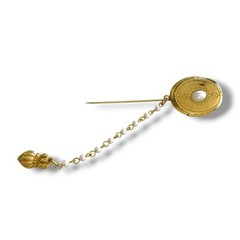 STUNNING VINTAGE ESTATE PEARL GOLD TONE LOCKET 3 1/8″ STICK PIN