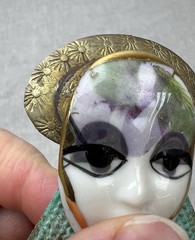 Vtg Gabriella Ceramic Face Art Brooch Verdigris Metal Dangle Fancy Lady Big Eyes