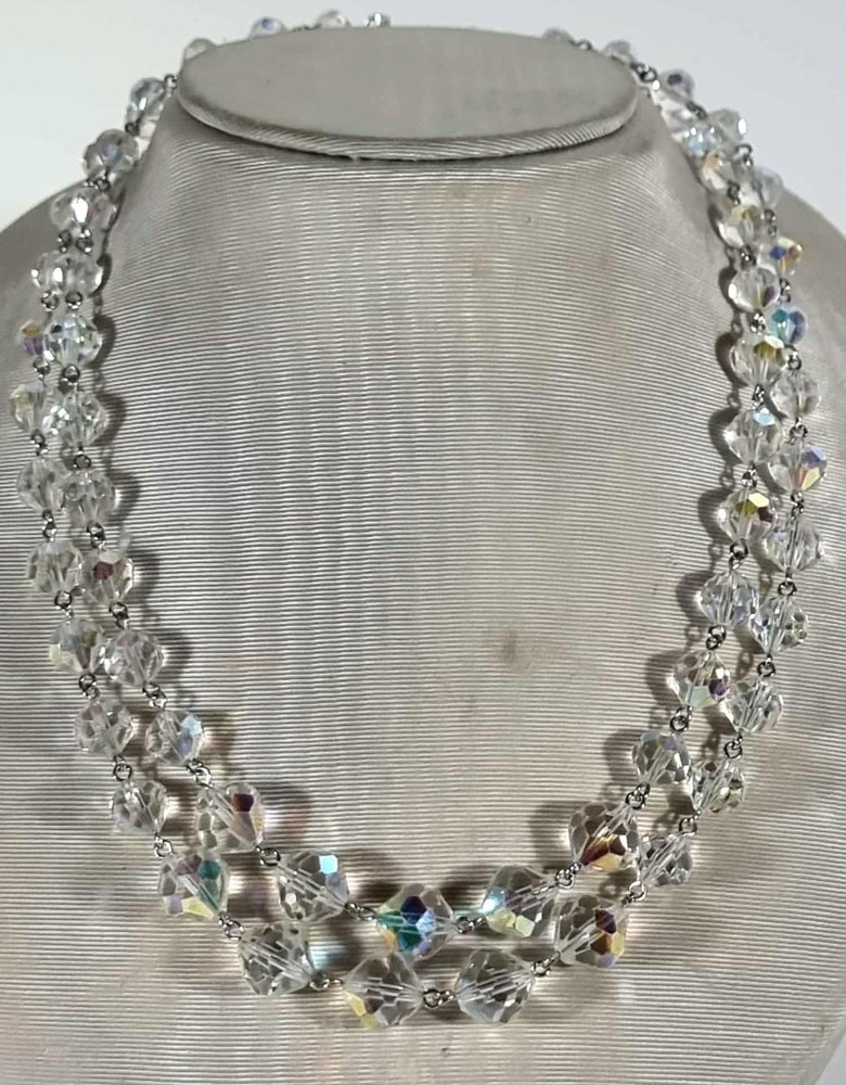 Vintage 1950s Aurora Borealis Crystal Double Strand Choker Necklace 39cm