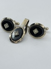 vintage cufflinks and tie clip set oval rhinestone in a diamond shaped setting