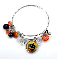 Halloween Jack O’Lantern Orange Crystal Beads Expandable Wire Bracelet Fit 7.5″
