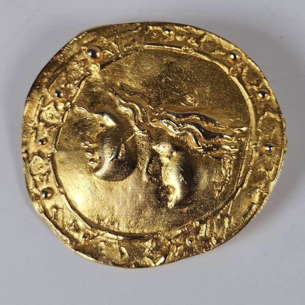 VTG 1990 Peggy Yunque NYC Brooch Two Faces Greek Style Roman Phalerae Gold Tone